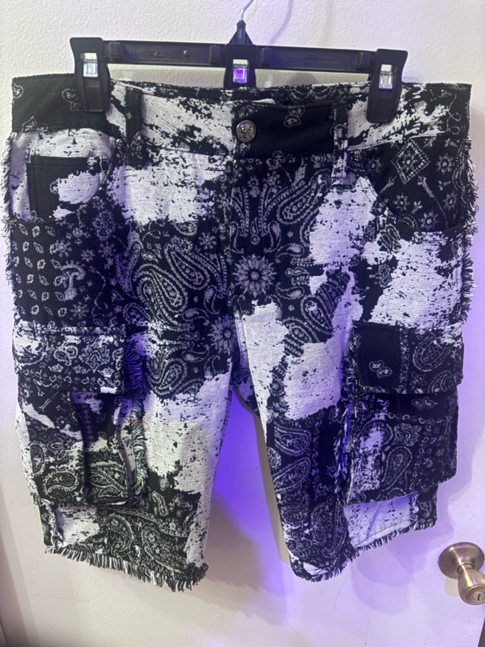 rebels Black & White Paisley Patchwork Cargo Shorts